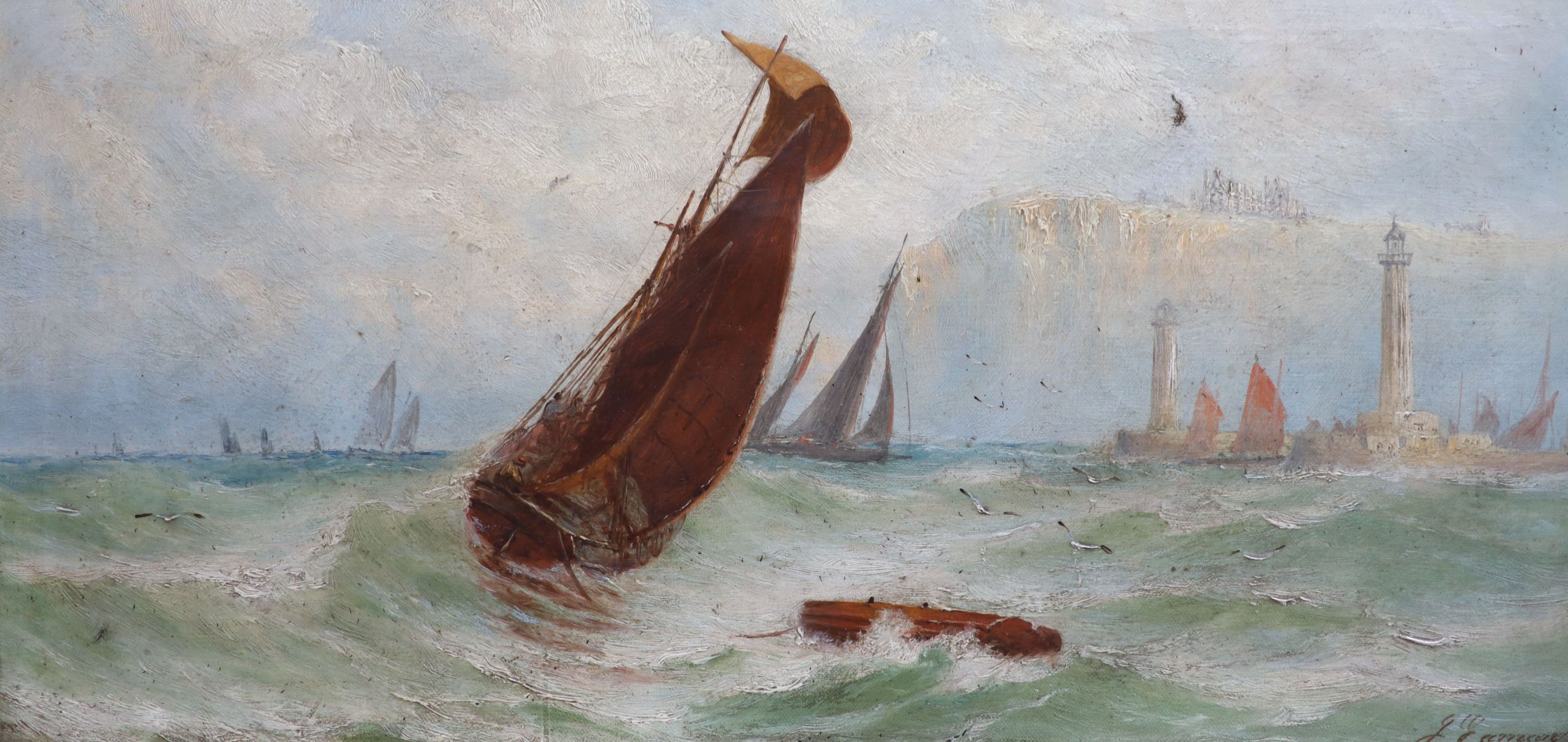 Joseph Eaman (1853-1907), Off Scarborough & Whitby, pair of oils on canvas, 29 x 60cm.